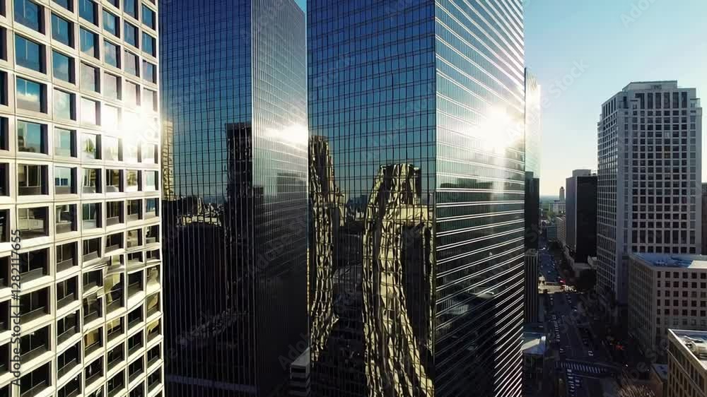 Aufkleber sunlight reflects on the glass facades of modern skyscrapers in a bustling city center, creating a d