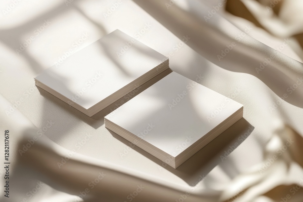 Poster Blank notepads resting on a textured surface with soft shadows during daylight hours in a serene indoor setting