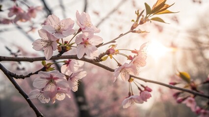 Fototapeta premium Cherry Blossoms in Bloom with Soft Sunlight