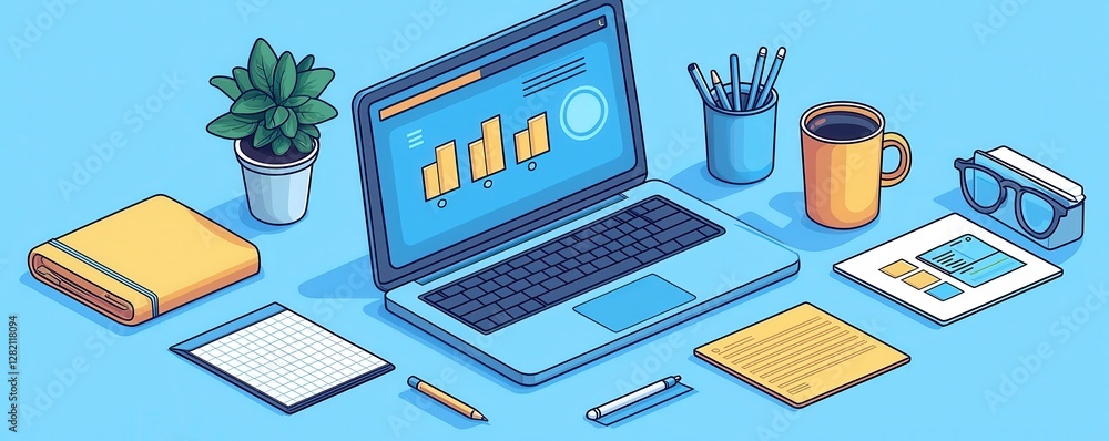 Poster modern workstation setup with open laptop displaying charts and colorful accessories