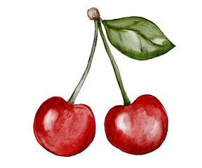 two cherries with leaves watercolor illustration