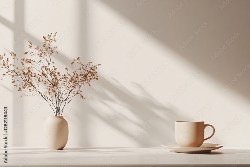 Aufkleber elegant and minimalistic arrangement of dried flowers and a cup on a table in soft natural light