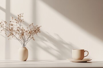 Elegant and minimalistic arrangement of dried flowers and a cup on a table in soft natural light