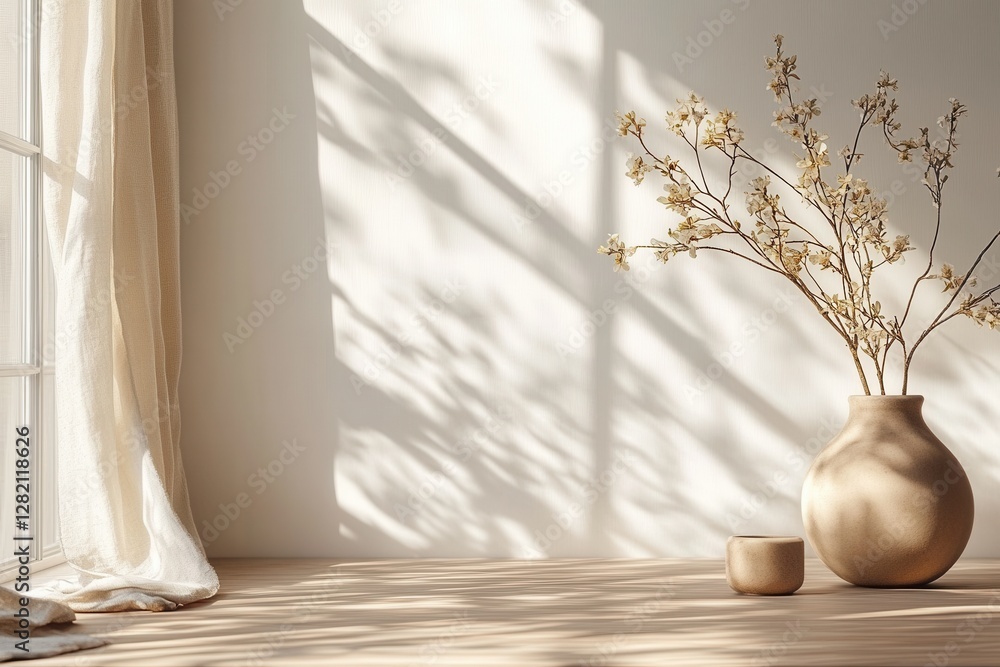 Aufkleber elegant and minimalistic arrangement of dried flowers and a cup on a table in soft natural light