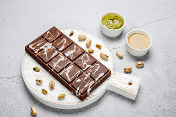 Dubai chocolate bar with pistachio paste and kadaif dough
