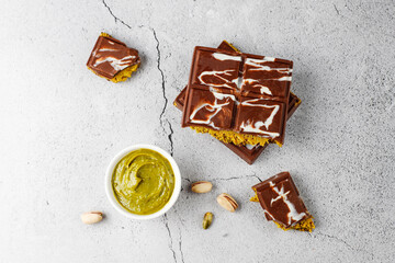 Dubai chocolate bar with pistachio paste and kadaif dough