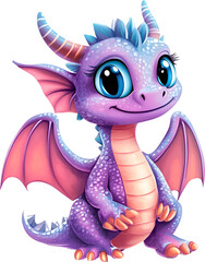 Obraz premium Colorful purple dragon with big blue eyes smiles joyfully in a whimsical fantasy setting. Generative AI