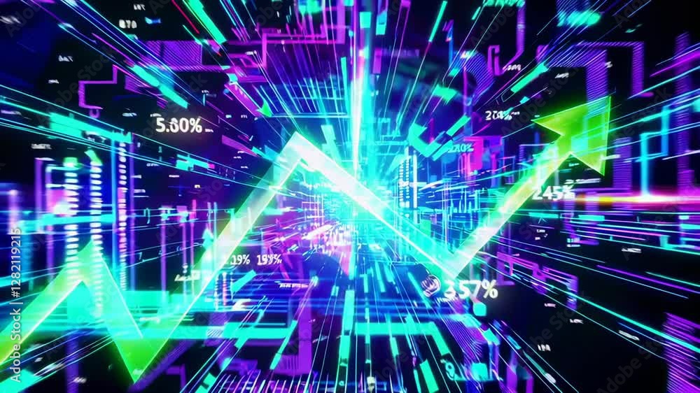 Poster Neon green and white growth charts with increasing arrows move across a dark background with digital effects and percentages in slow motion