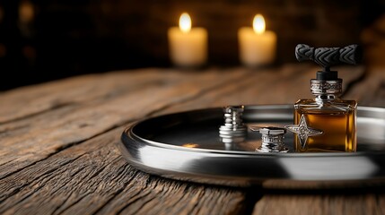 Fototapeta premium Elegant perfume bottle on a silver tray with candles glowing softly in the background