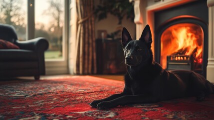 Cozy Dog by the Fireplace: A Black Dog Resting Near Warm Flames in a Comforting Living Room