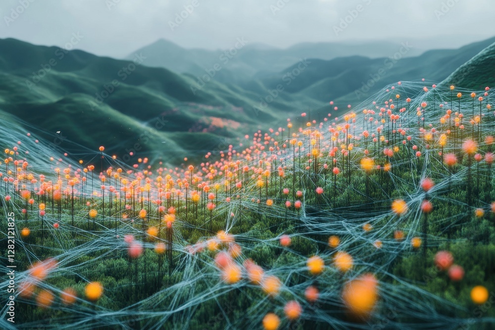 Poster city skyline illuminated by sunset with a network of lights connecting buildings and mountains in th