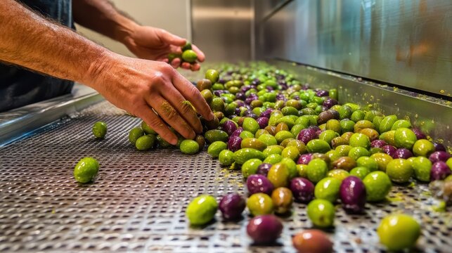 Hands sort vibrant olives on metal table in processing facility