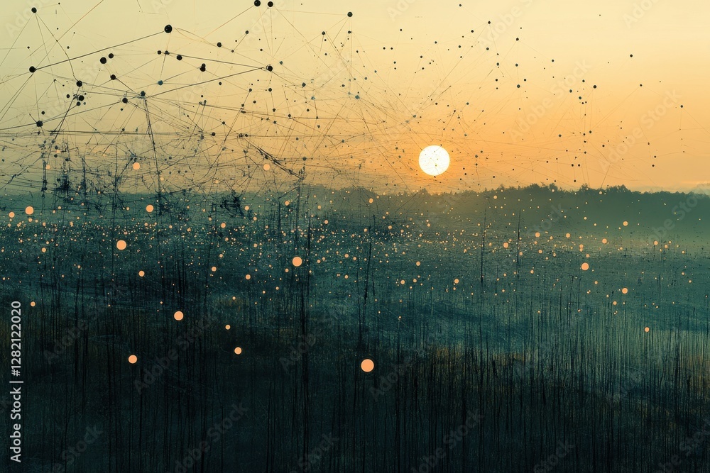 Poster city skyline illuminated by sunset with a network of lights connecting buildings and mountains in th