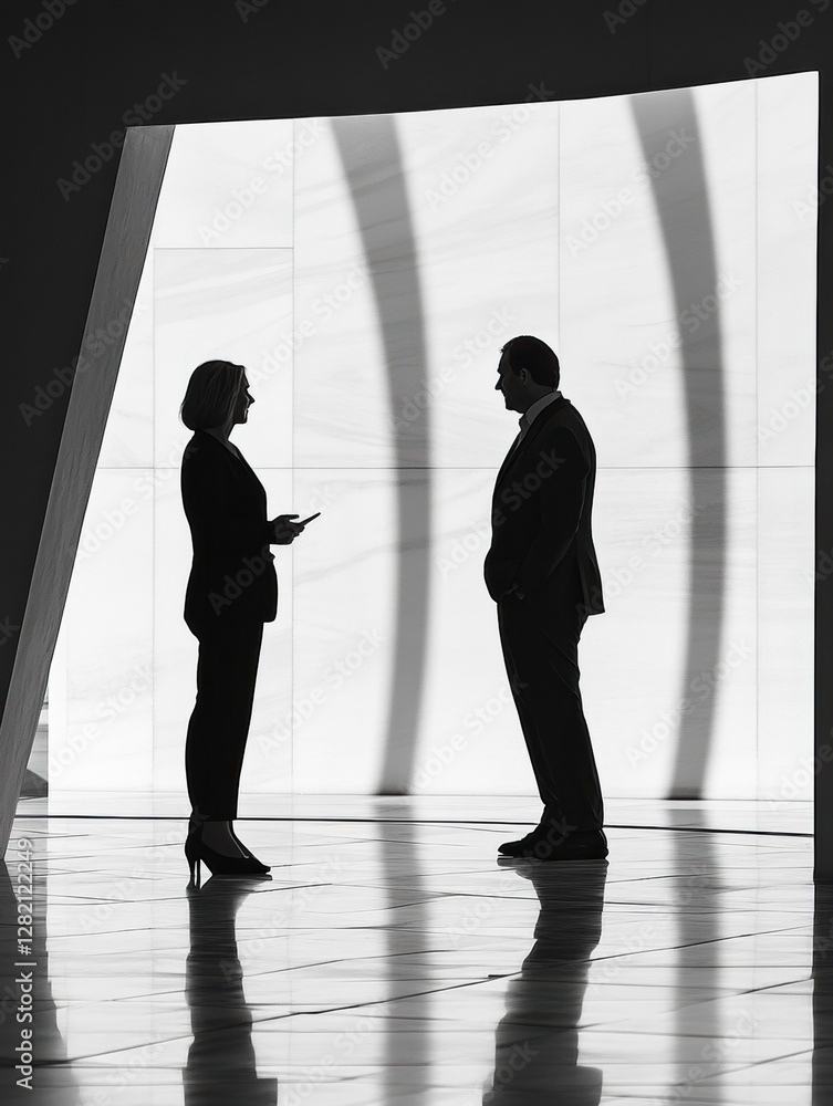Fototapete Executives discussing business strategy in modern office setting during daytime with light silhouettes. Generative AI