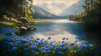 A tranquil alpine clearing filled with vibrant spring gentian flowers in shades of deep blue