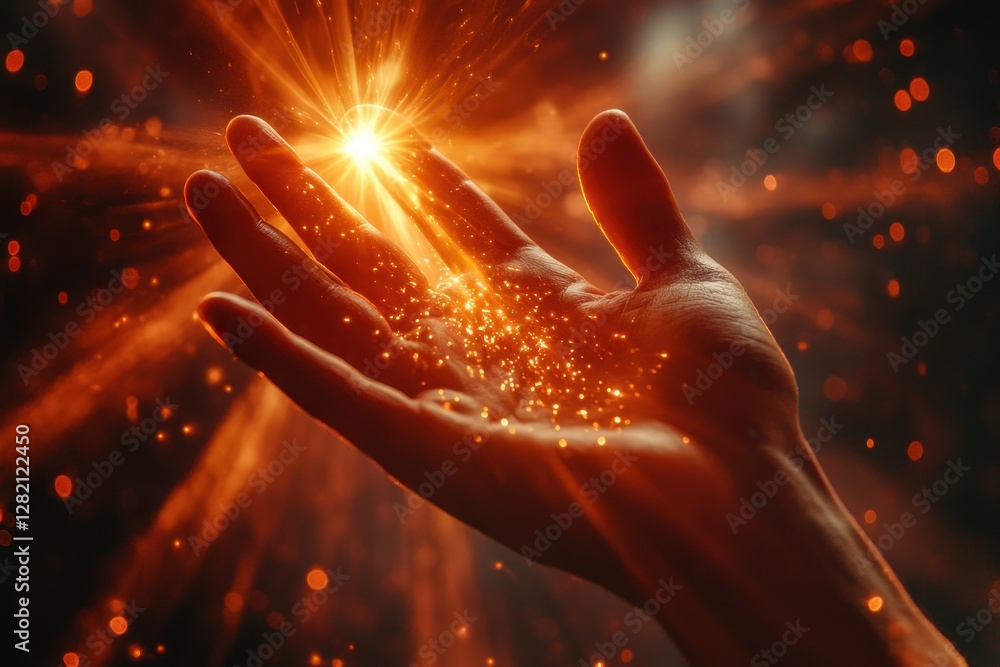 Poster Hand reaching out to glowing light with sparkling particles in a mystical atmosphere during twilight