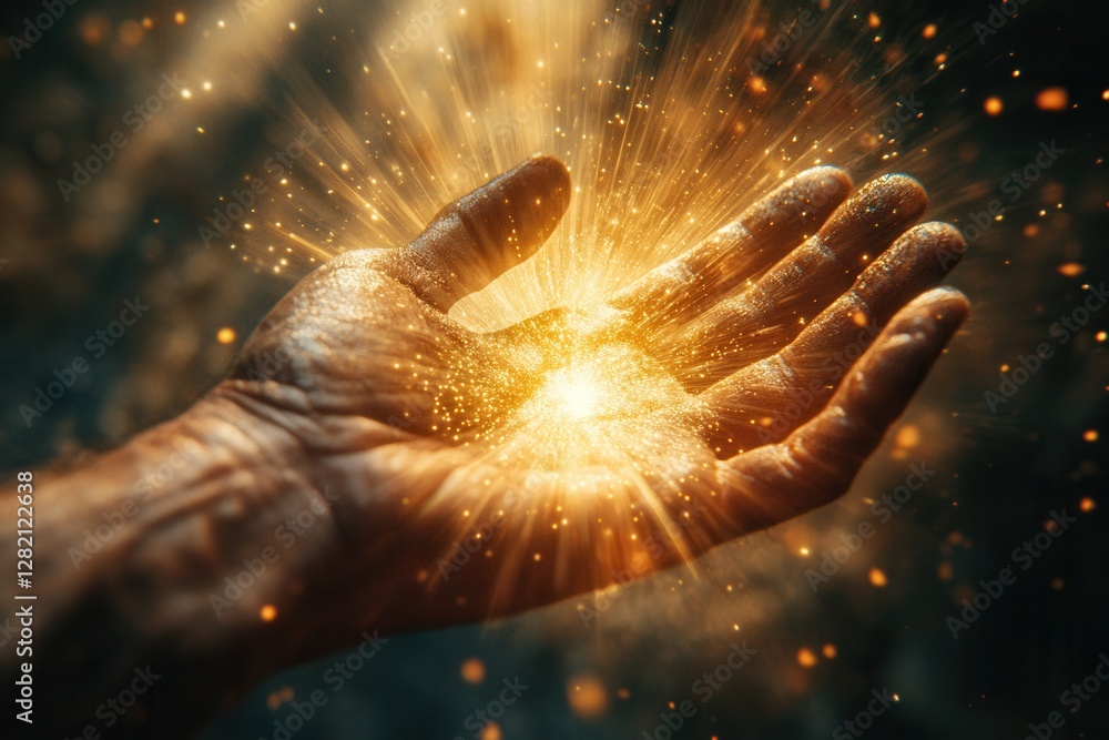 Aufkleber hand reaching out to glowing light with sparkling particles in a mystical atmosphere during twilight