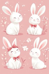 Fototapeta premium Adorable White Bunny Illustrations on a Pink Background with Flowers