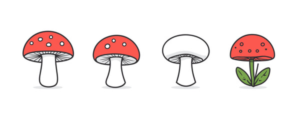 Flat vector icons set of red mushrooms with stems in linear style.