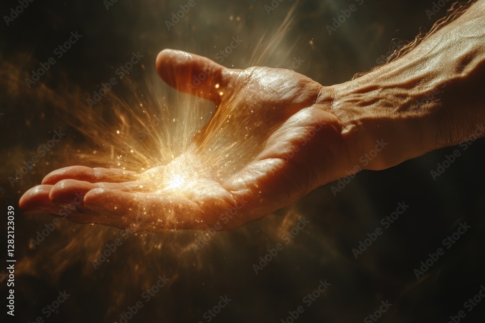 Poster hand reaching out to glowing light with sparkling particles in a mystical atmosphere during twilight