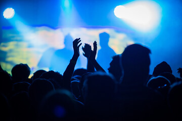 A single member of the crowd clapping at a music festival during a dj live performance