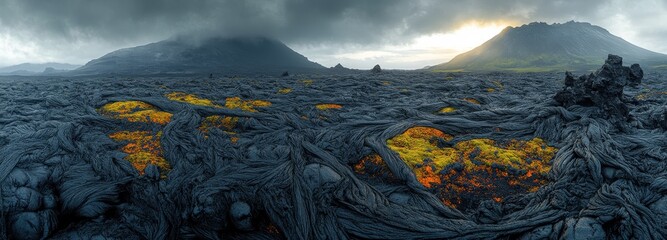 Volcanic landscape with black lava fields and vibrant moss under a stormy sky