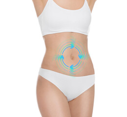Woman with healthy digestion on white background, closeup. Arrows symbolizing proper functioning of...