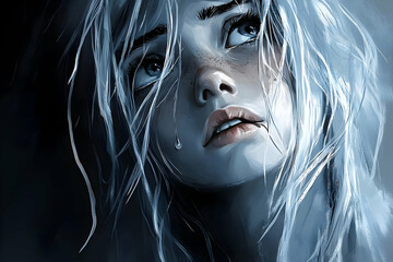 Sad girl portrait, looking upwards, with tears.  Possible use for  emotional art print