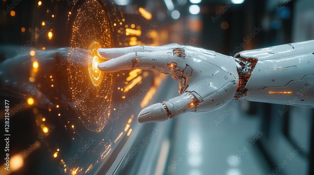 Poster futuristic robotic hand interacting with a glowing digital interface in a high-tech environment (1)