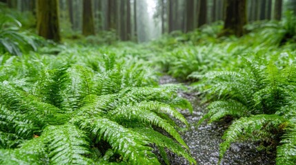 Lush Fern Path in a Misty Forest. Possible use Nature Photography