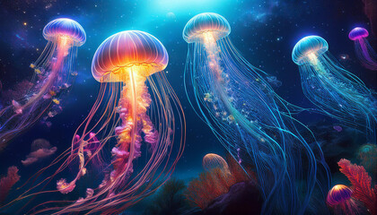 Naklejka premium Neon jellyfish in cosmic sea