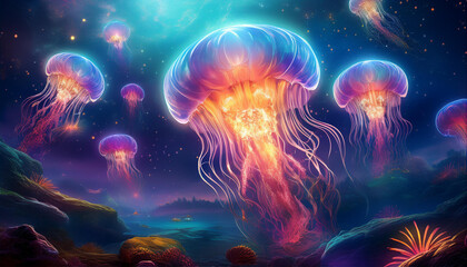 Naklejka premium Neon jellyfish in cosmic sea