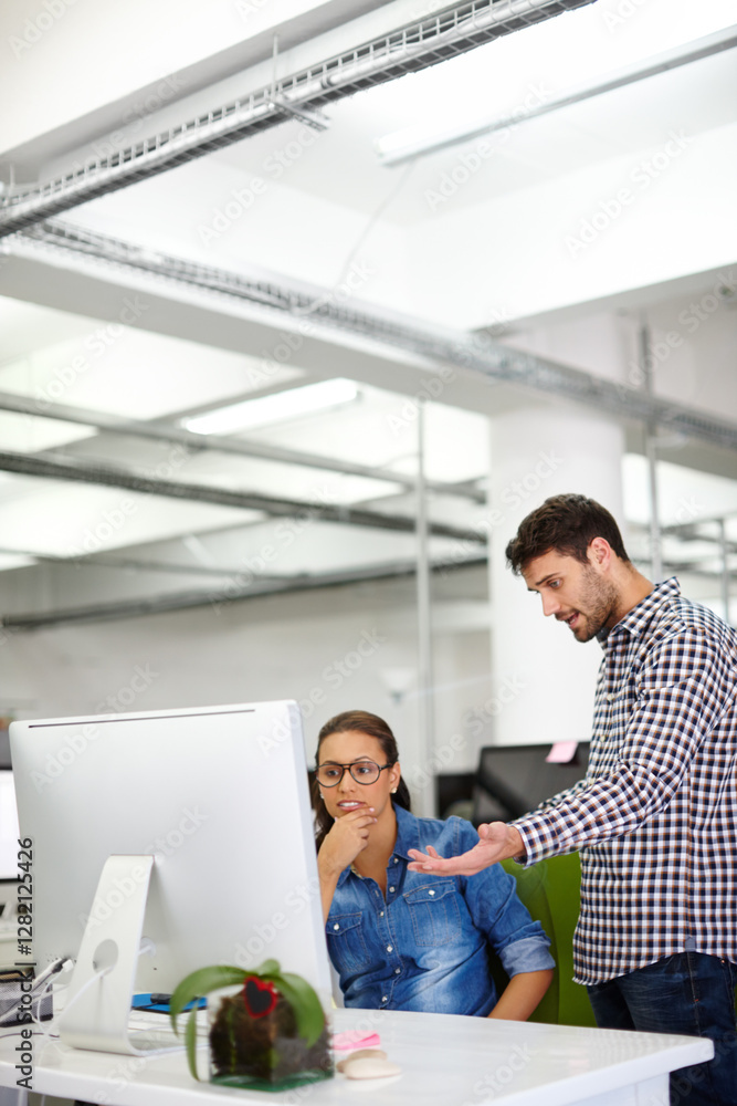 Poster Computer, opinion and people with project, office and asking for feedback, intern and web designer. Collaboration, planning and review of layout on app, digital agency and teamwork for visual design