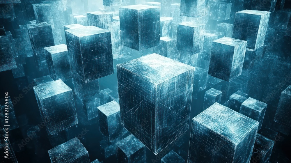 Poster abstract cubes floating in blue digital space background for technology design
