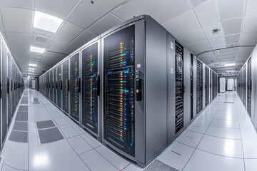 Modern data center featuring rows of servers with illuminated status indicators in a high-tech environment