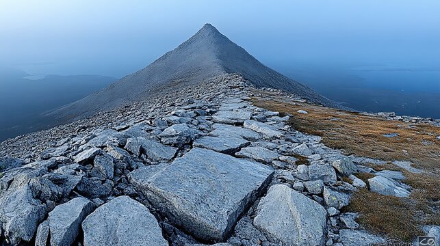 A beautiful misty mountain scene with fog creeping over rolling hills, and soft clouds drifting across the sky.
