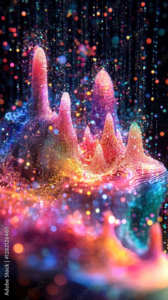Poster abstract digital rendering; sparkly terrain on black background; for tech wallpaper