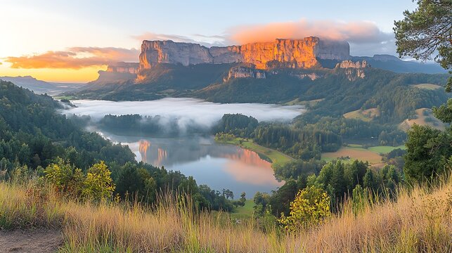 A beautiful misty mountain scene with fog creeping over rolling hills, and soft clouds drifting across the sky.