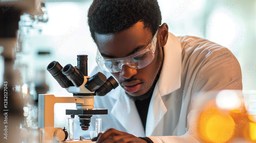 Poster young scientist examining sample under microscope in laboratory setting