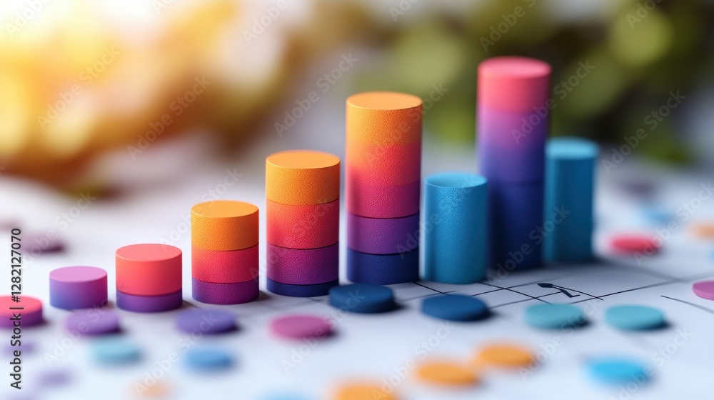 Poster colorful graph representation showing data trends with vibrant cylindrical bars on a blurred backgro