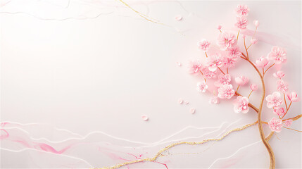 A beautiful cherry blossom tree branch adorned with delicate pink flowers, set against a pure bright, marble background, creating a stunning visual contrast, copy space