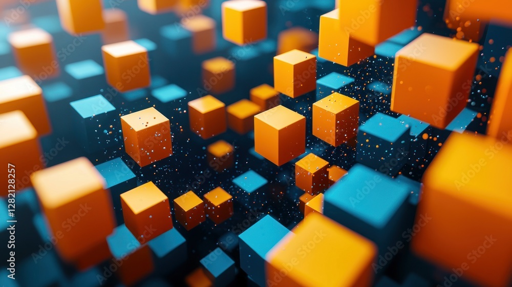 Poster abstract floating orange cubes and blue squares render for a digital background