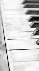 This striking black and white photograph features a detailed view of a classic piano keyboard, showcasing its elegant keys and design