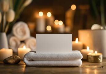 Blank business card on spa towels, candles, and flowers.