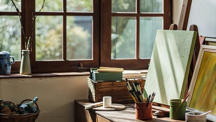 A sunlit art workspace featuring scattered art supplies, a classical bust, sketchbooks, and natural decor on a wooden desk. Studio room cluttercore