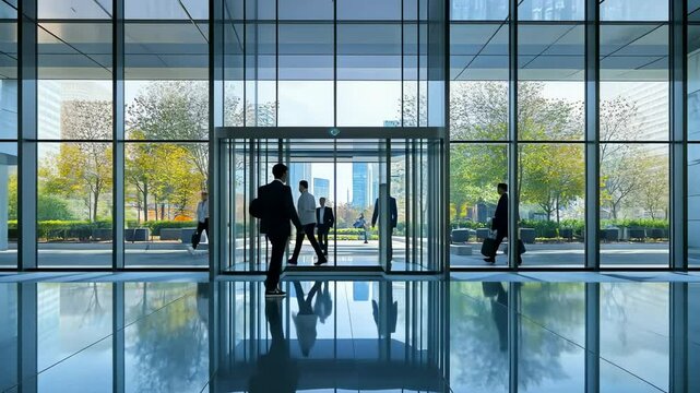 Modern Office Building Lobby with Business People Walking