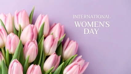 Fototapeta premium Elegant Womens Day Purple Greeting Card with Pastel Pink Tulips and Floral Design