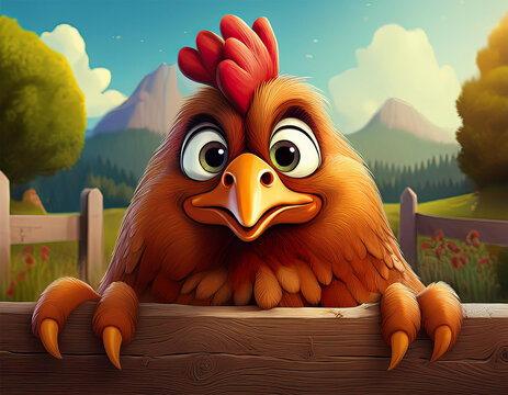 curious cartoon hen peeking over a fence