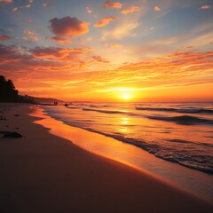 Obraz premium The beach's alluring beauty at sunset displays a compelling combination of warm tones in the evening sky with a shimmering reflection on the ocean.