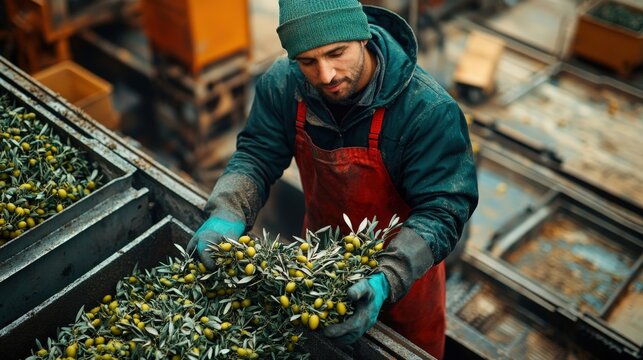 Worker loads fresh olive branches into industrial crusher for processing